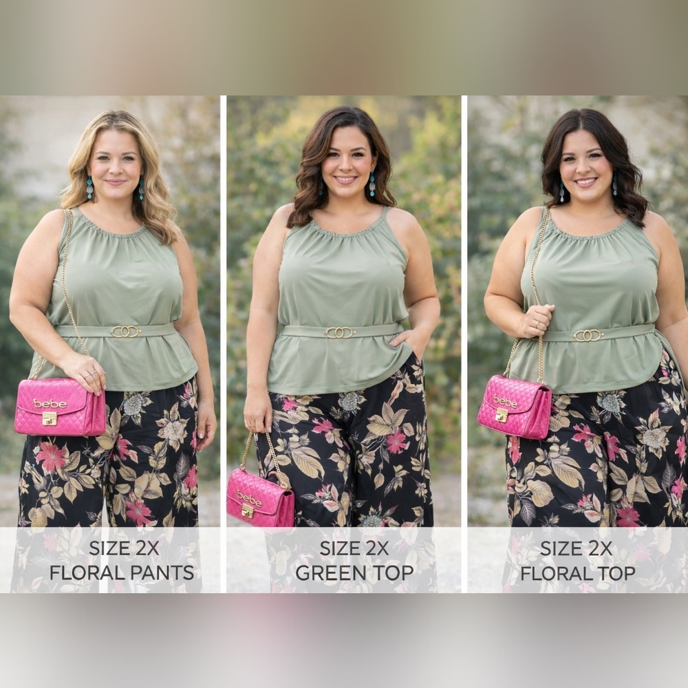 Floral Wide-Leg Pants & Sage Green Sleeveless Top 2x Set w/ Pink Bebe Purse New - Picture 3 of 16